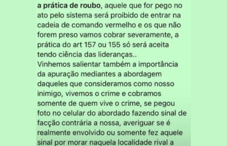 Em suposto comunicado facção CV esclarece que não compactua com mortes por uso de gestos