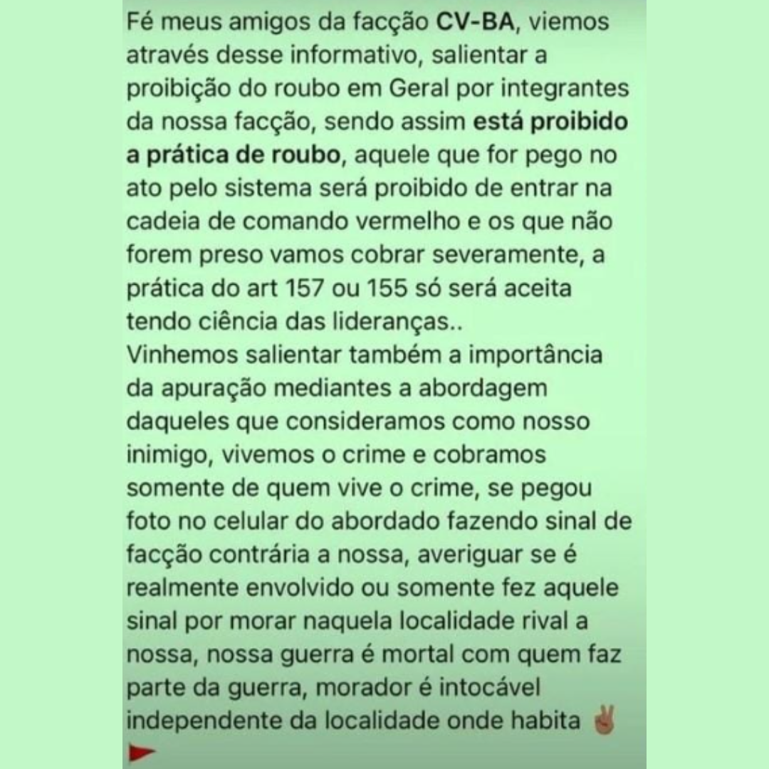 Em suposto comunicado facção CV esclarece que não compactua com mortes por uso de gestos
